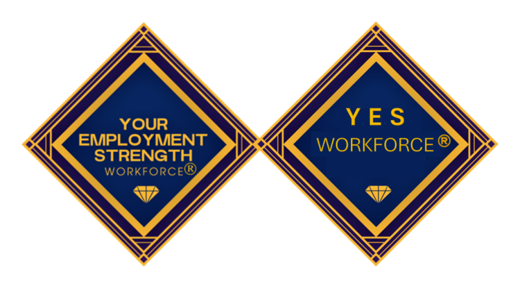 This image showcases two mirrored diamond-shaped logos of "YES Workforce." The left logo reads "Your Employment Strength Workforce®,” and the right states “YES Workforce®.” Both are styled in elegant gold and blue, featuring geometric patterns and a diamond icon, conveying a sophisticated and cohesive corporate identity.