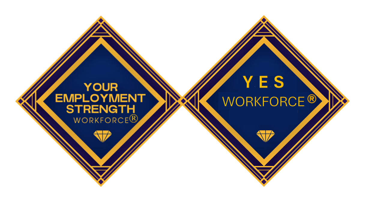 This image showcases two mirrored diamond-shaped logos of "YES Workforce." On the left, the logo reads "Your Employment Strength Workforce®," and on the right, it simply states "YES Workforce®." Both logos are styled in elegant gold and blue colors, featuring geometric patterns and a diamond icon, conveying a sophisticated and cohesive corporate identity.